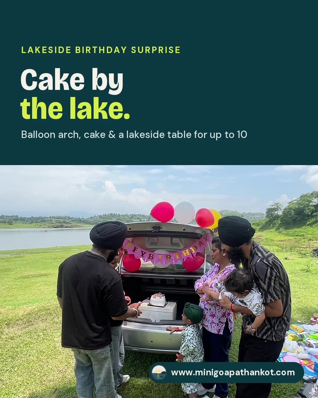 Lakeside Birthday Surprise — Balloon arch, cake & a lakeside table for up to 10