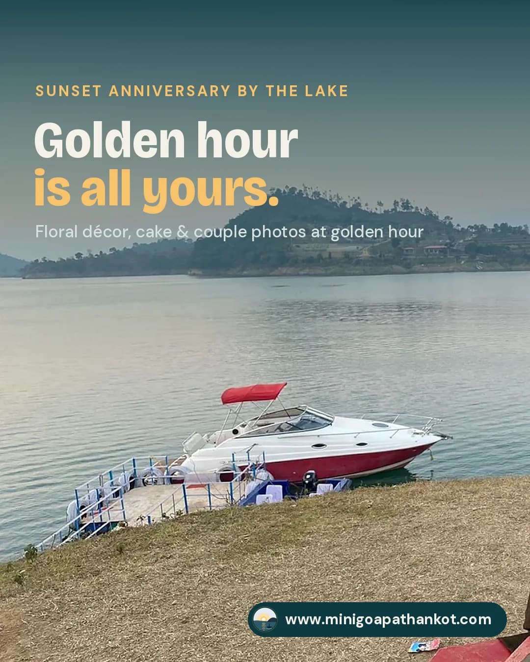 Sunset Anniversary by the Lake — Floral décor, cake & couple photos at golden hour